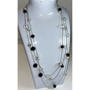 RMN Vintage Necklace Triple Strand Faceted Beads Silver tone Chain Quiet Luxury
